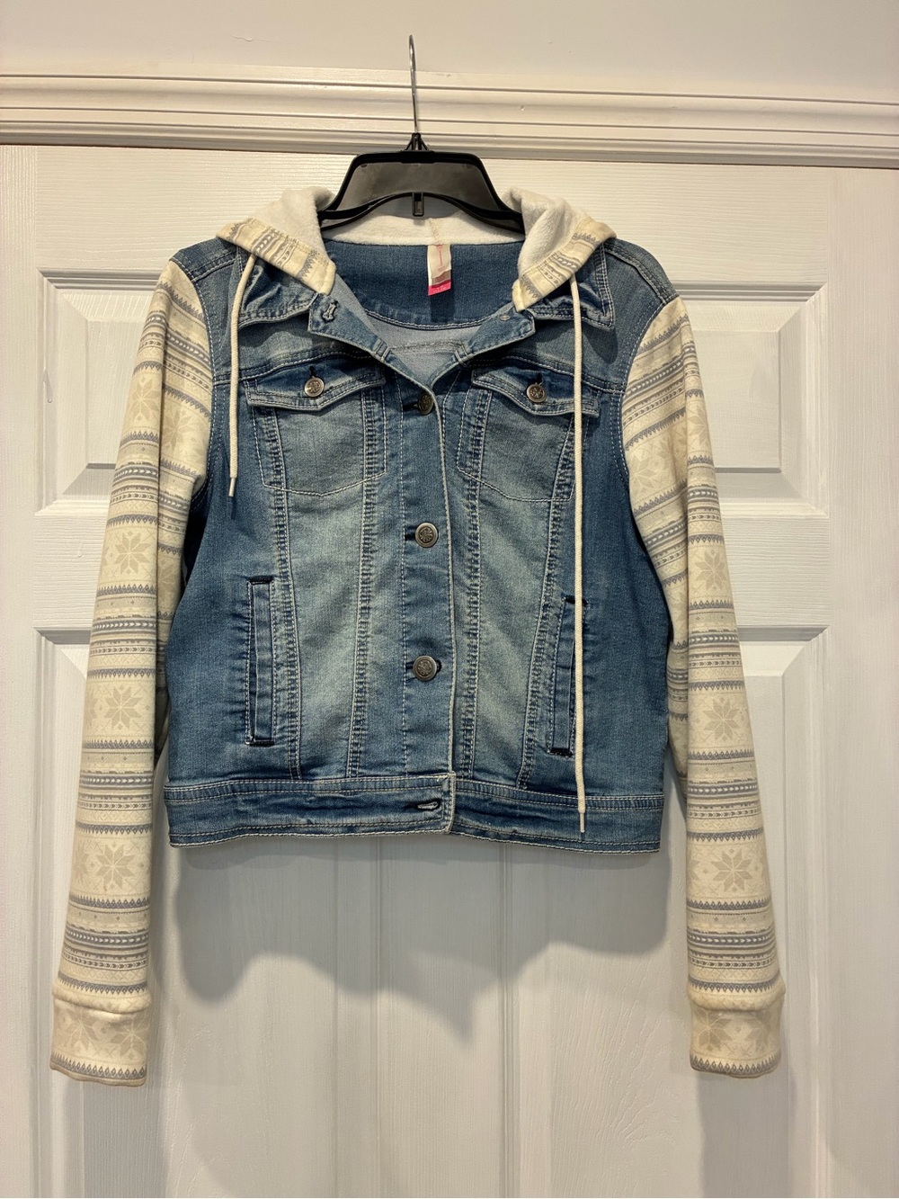 No Boundaries Blue Denim Jacket with Cream Patterned Hood & Sleeves